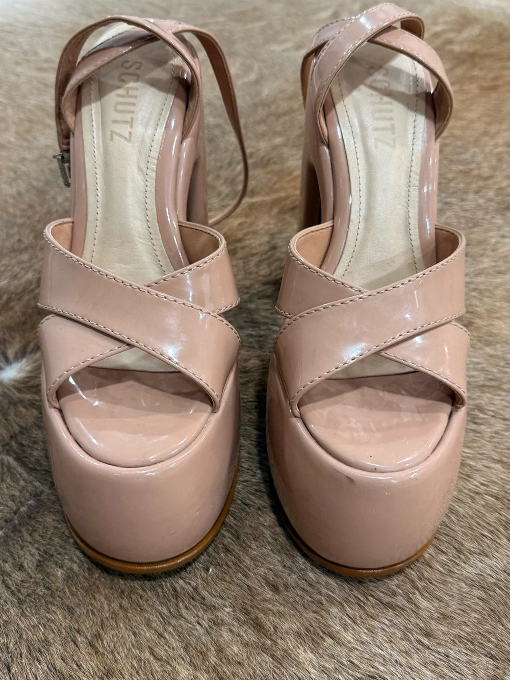 Schutz Nude Pattie Patent Leather Platform Sandals
